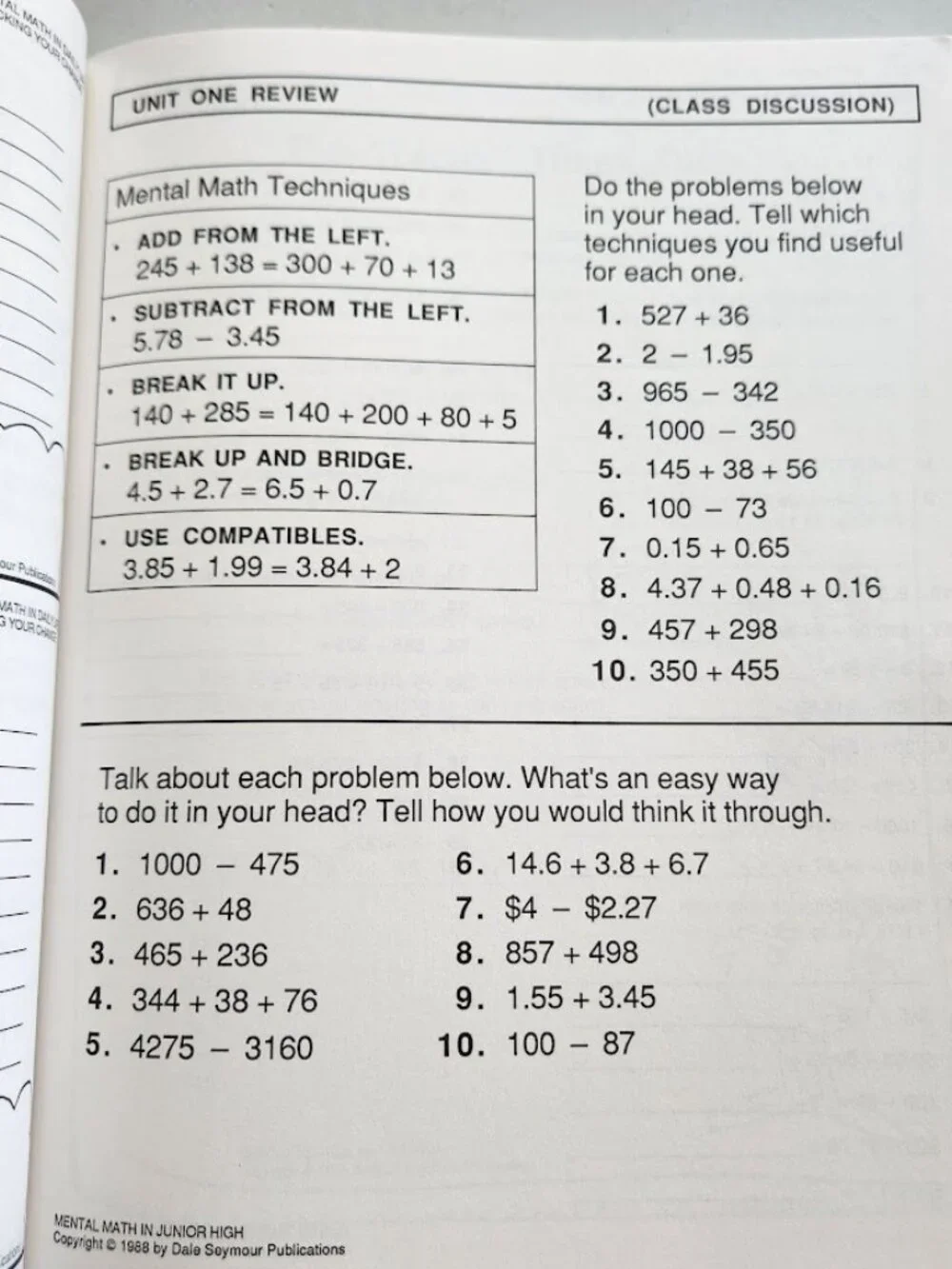 Mental Math in Junior High Workbook Grades 7-9 Paperback Activity Book Mathemati